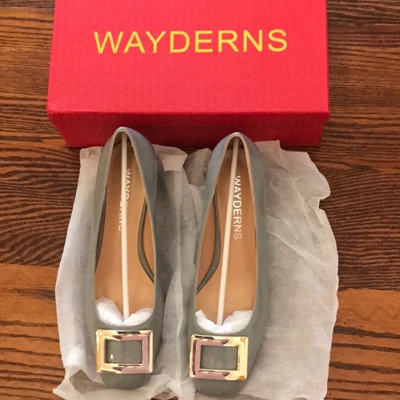 Wayderns buckle on patent square toe chunky low heel pumps, 2 inch, gray sz 8, - Picture 10 of 11
